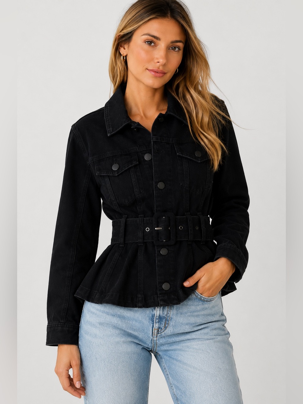 BLANKNYC Belted Peplum Denim Jacket Black Size Medium